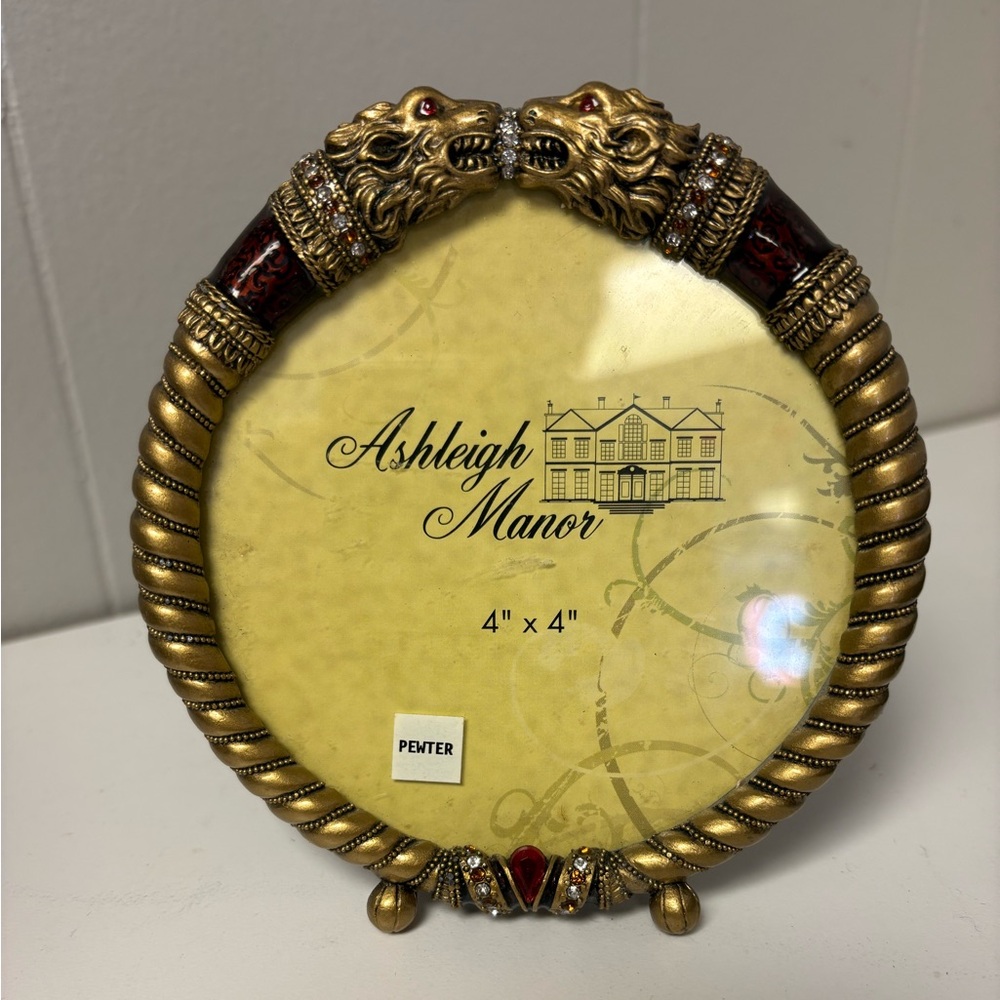 Ashleigh Manor Pewter Jewelled Pewter Frame Gold Lions Enameled 4x4” EUC Heavy